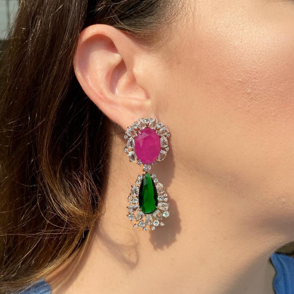 Brinco Luxo Pink e Verde Esmeralda Zircônias Cristal