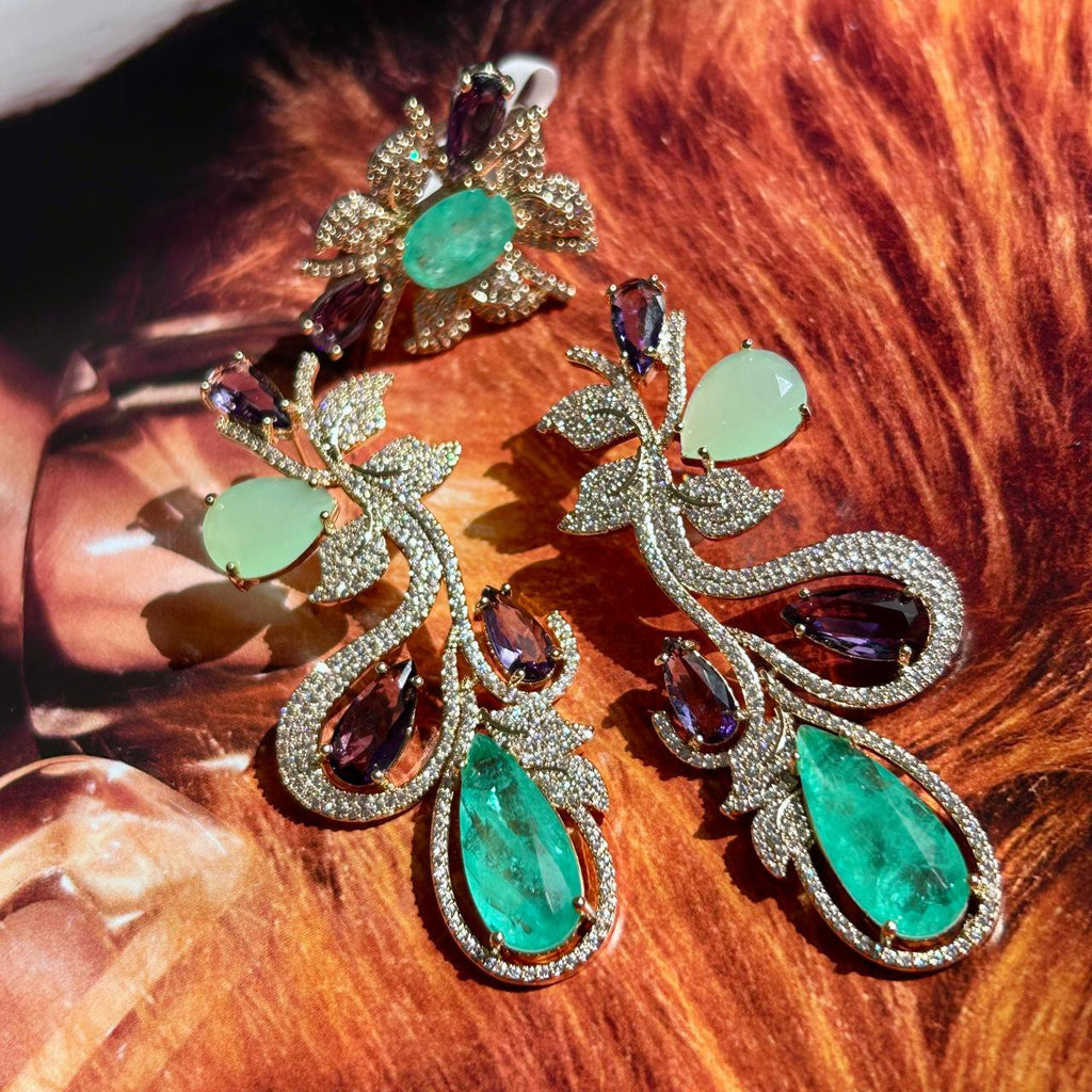 Conjunto Brinco e Anel Luxo Turmalina e Ametista