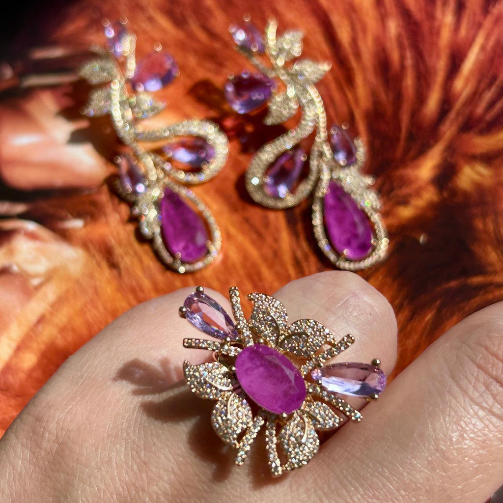 Conjunto Brinco e Anel Luxo Fúcsia e Ametista