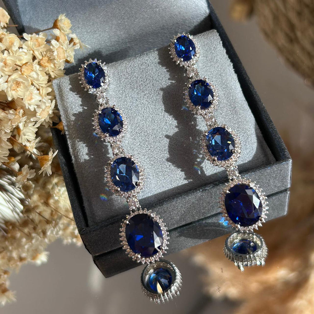 Brinco Luxo Pedras Ovais Azul Safira