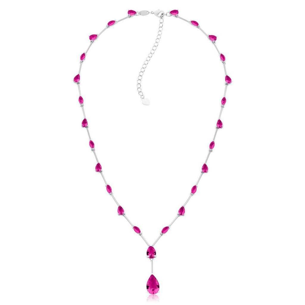 Colar Luxo Gotas Safira Rosa/Pink Prateado
