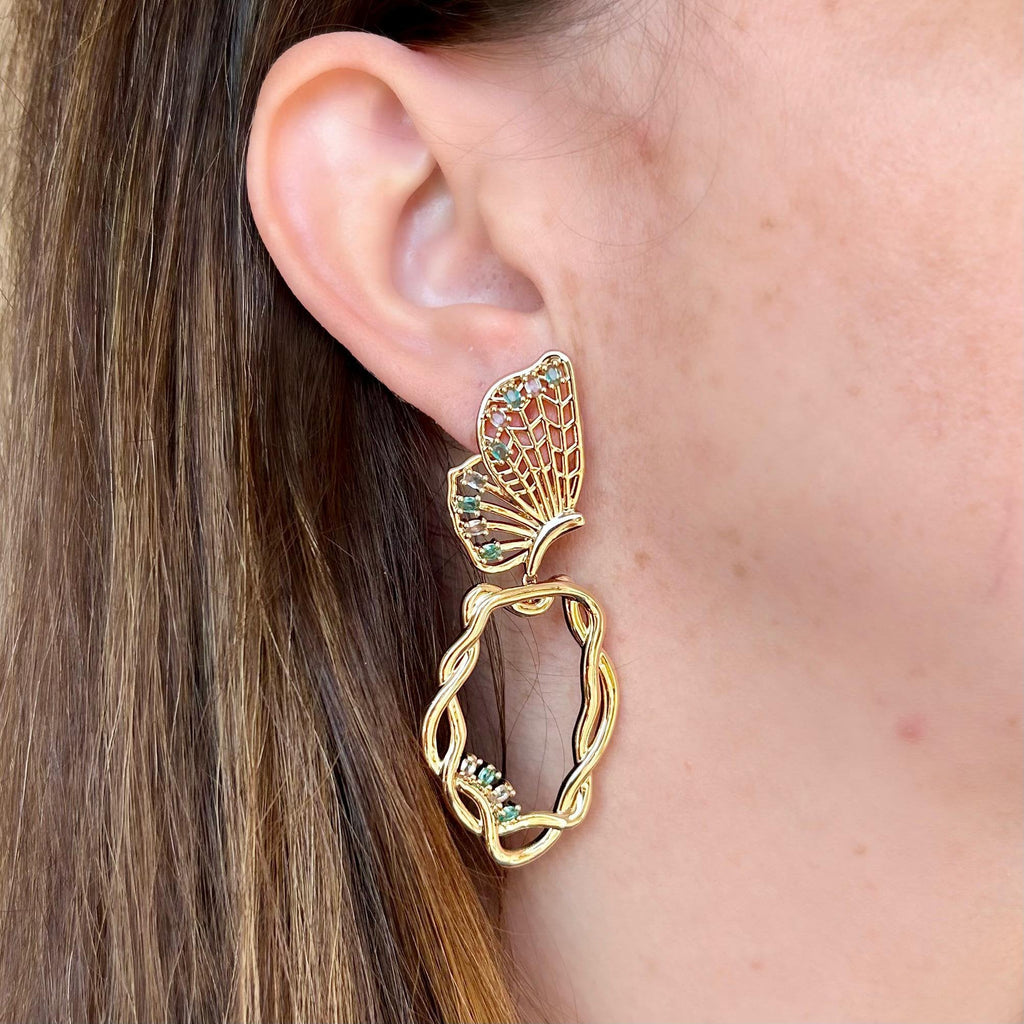 Conjunto Brinco e Anel Borboleta Detalhes Verdes