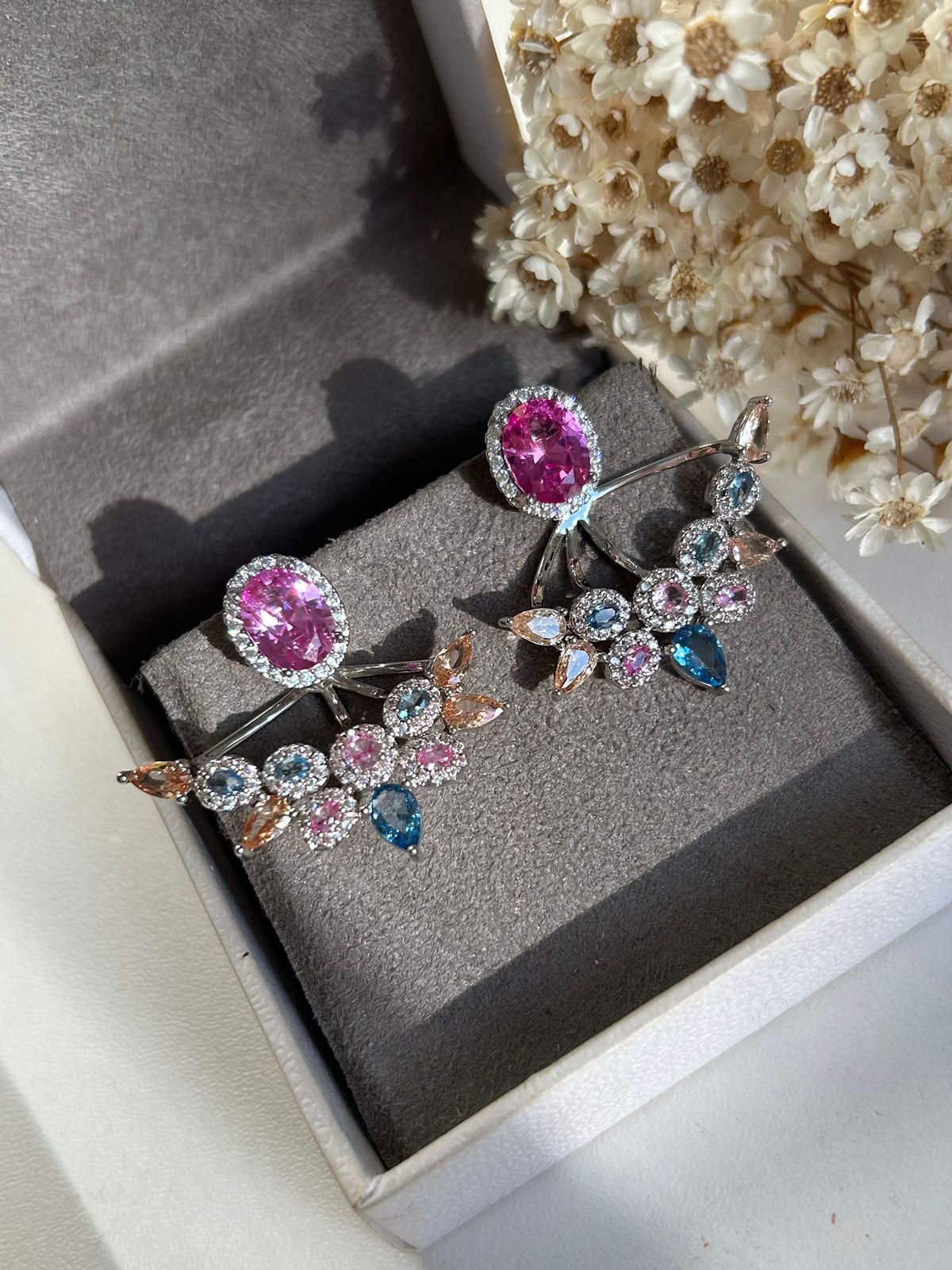 Brinco Ear Jacket Colorido Ródio Branco