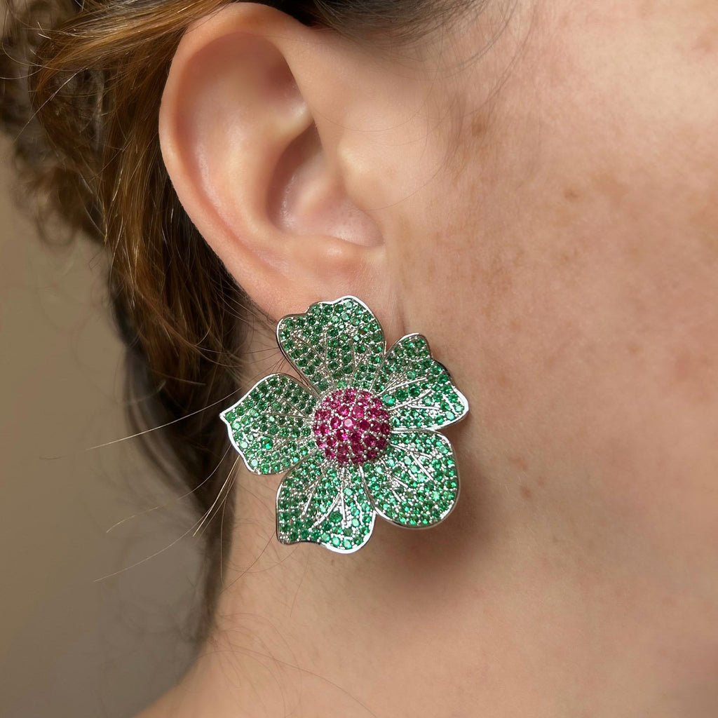 Brinco Maxi Flor Verde e Safira Rosa