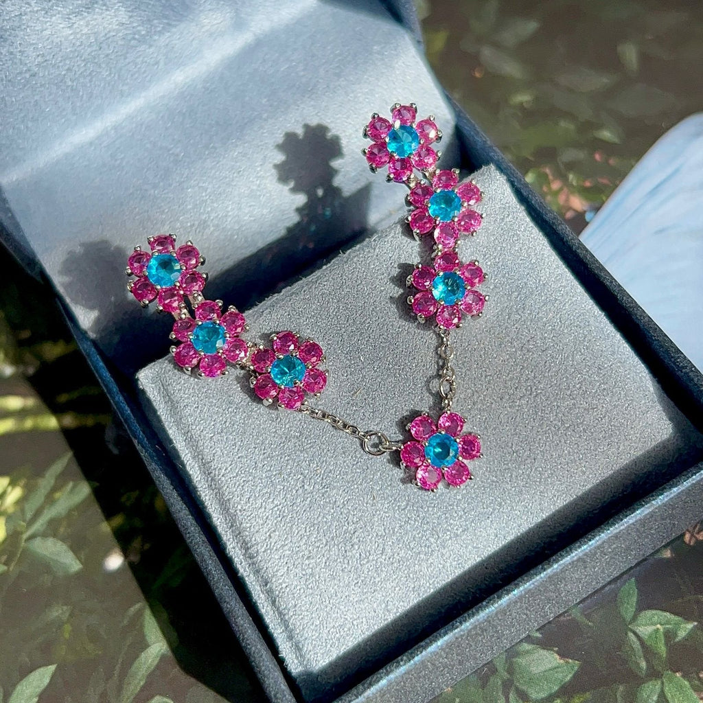 Conjunto Earcuff e Colar Flores Pink Prateado