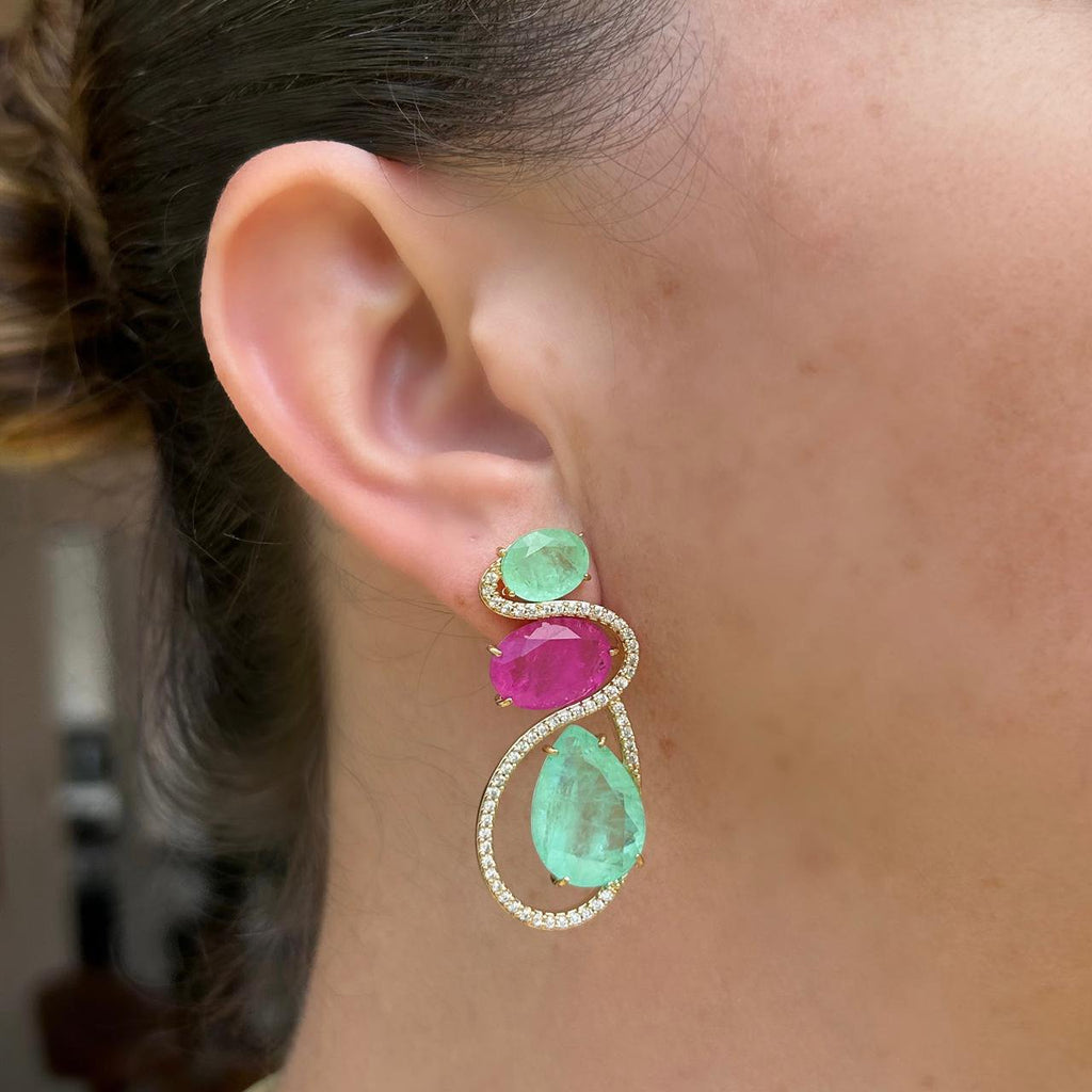 Brinco Gota Fusion Turmalina Verde/Greenery e Pink Dourado