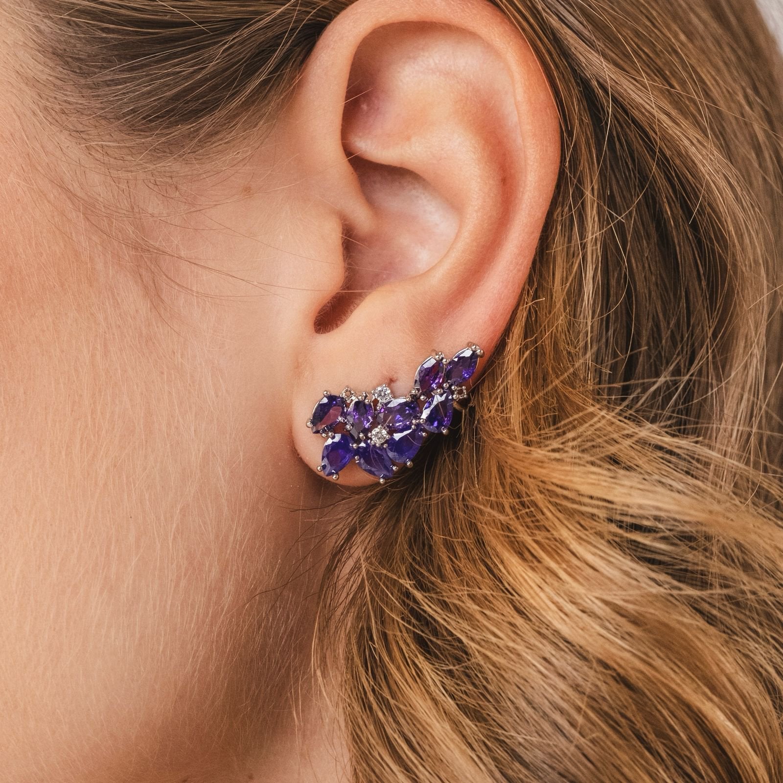 Brinco Earcuff Ametista Prateado