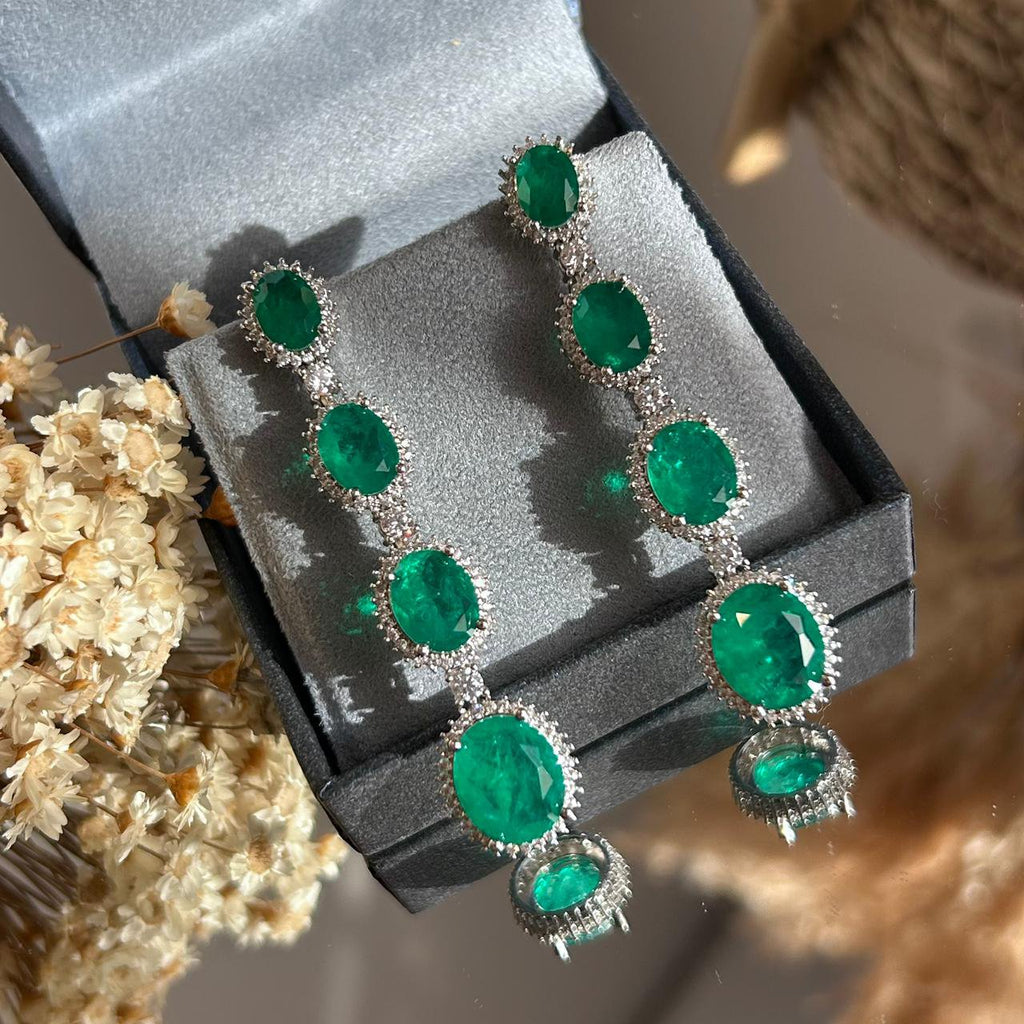 Brinco Luxo Pedras Ovais Verde Esmeralda
