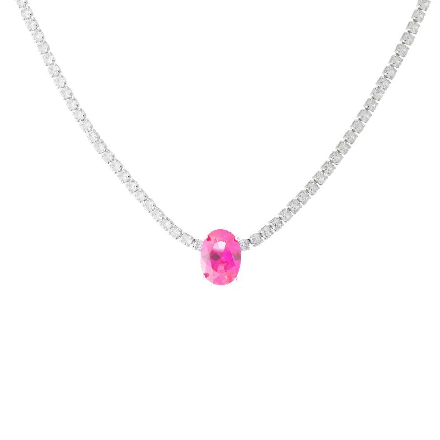 Colar Riviera Pedra Oval Safira Rosa