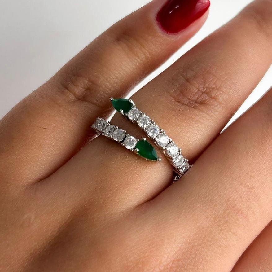 Anel Riviera Gota Esmeralda Ajustável Prateado