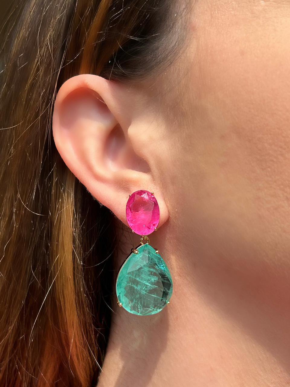 Brinco 2 em 1 Oval e Gota Turmalina e Pink Fusion