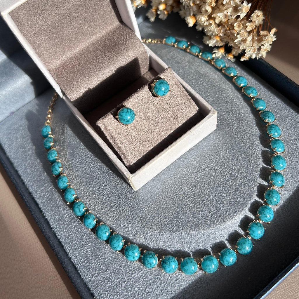 Conjunto Brinco e Colar Turquesa Dourado