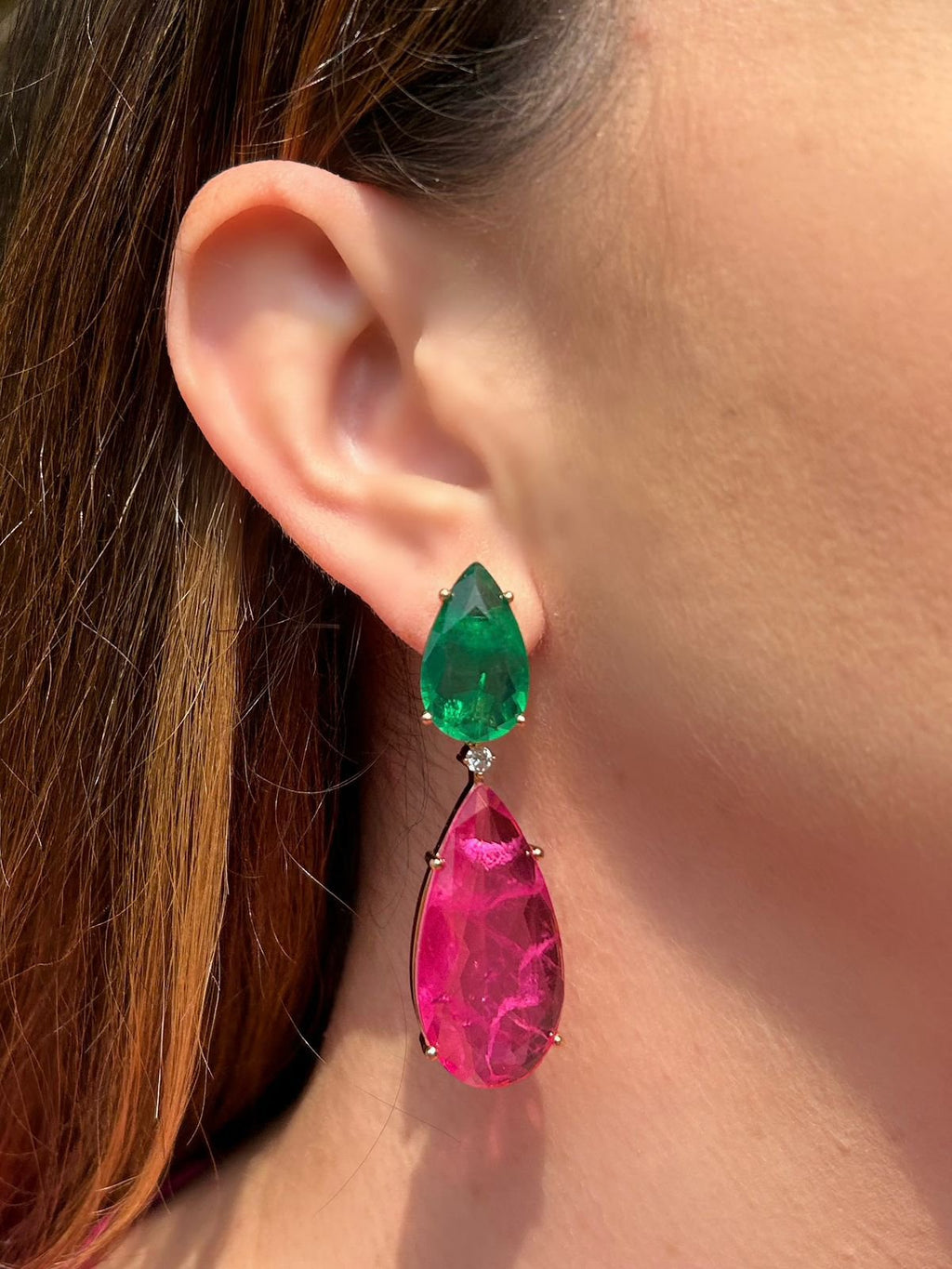 Brinco 2 em 1 Gota Pink e Verde Esmeralda Fusion