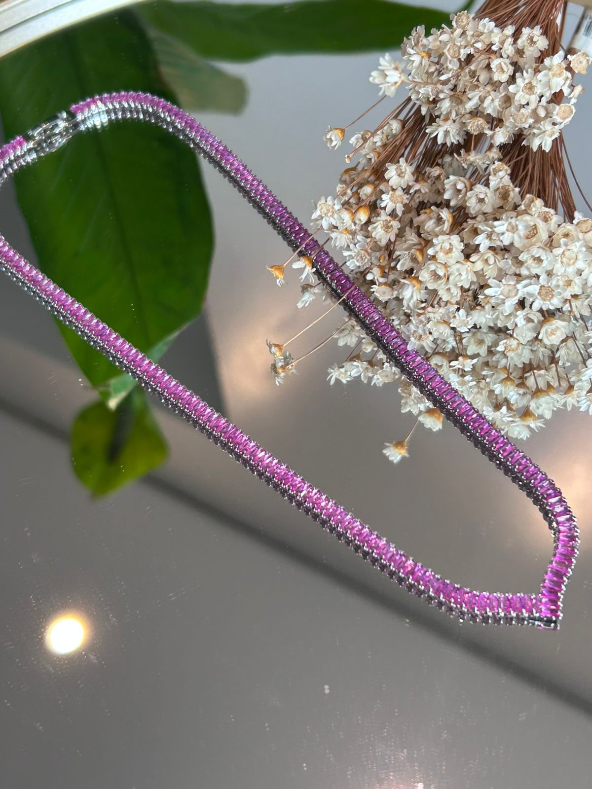Colar Riviera Baguetes Safira Rosa/Pink
