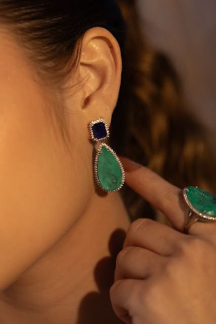 Brinco Luxo Turmalina e Azul Safira Prateado