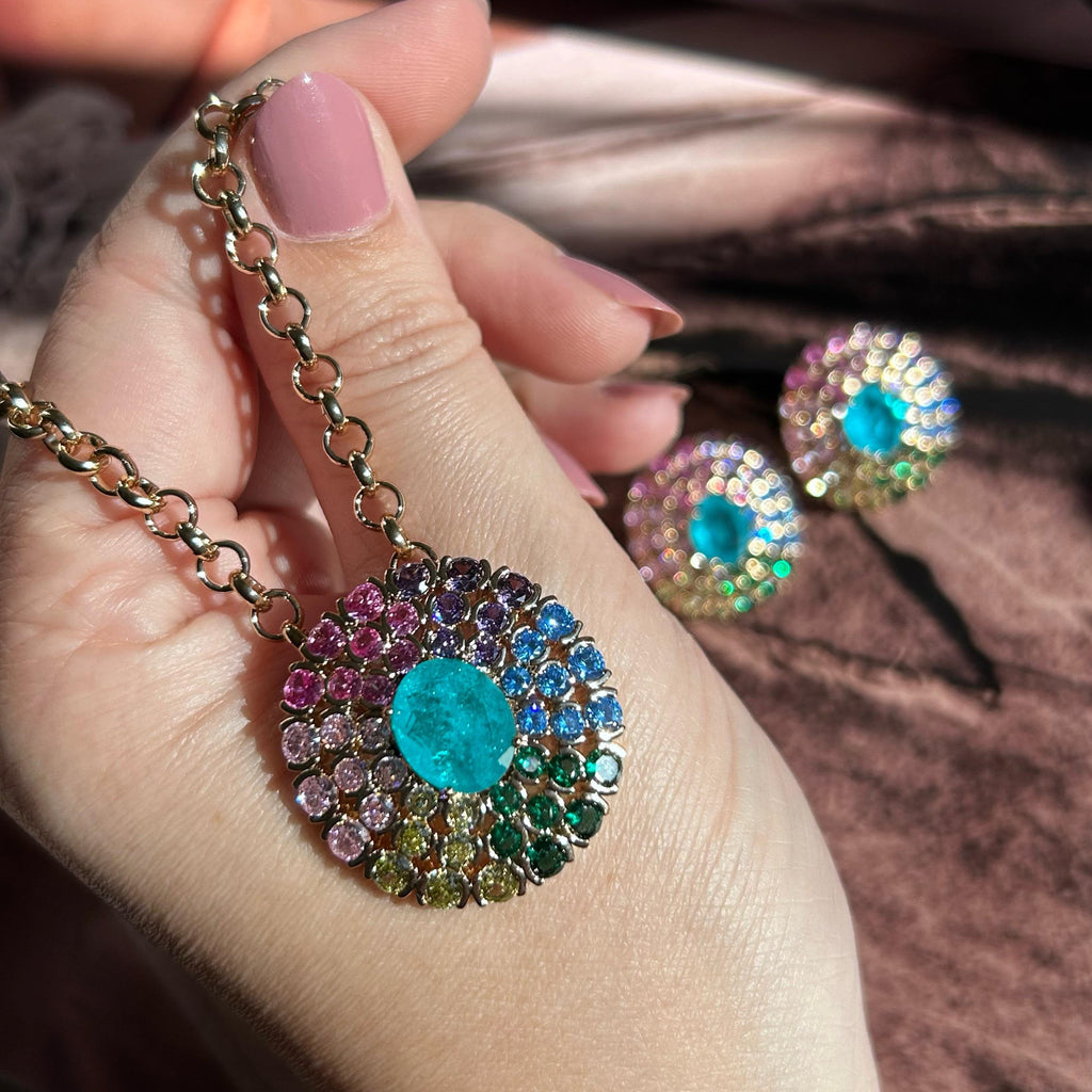 Conjunto Brinco e Colar Oval Colorido