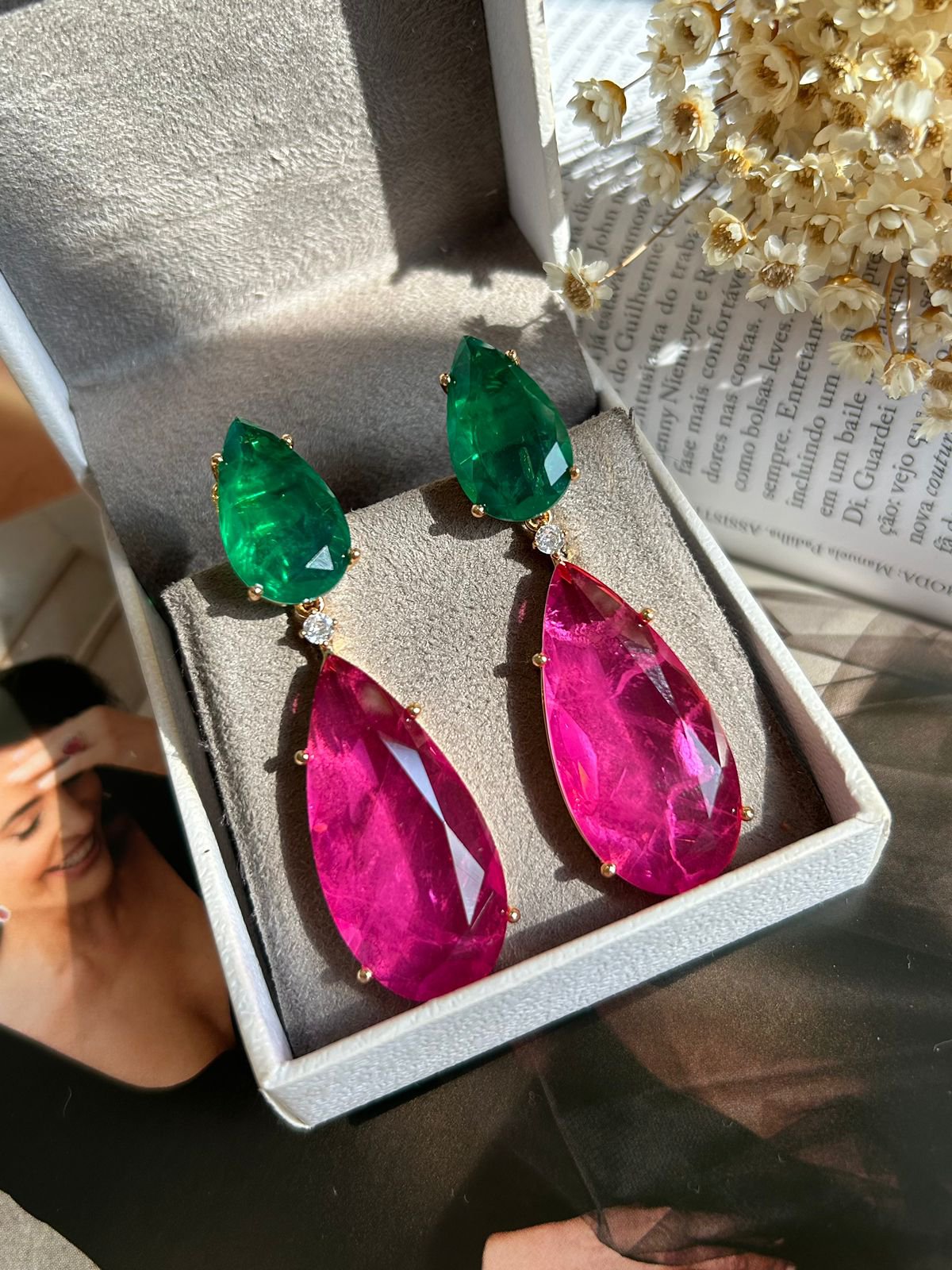 Brinco 2 em 1 Gota Pink e Verde Esmeralda Fusion