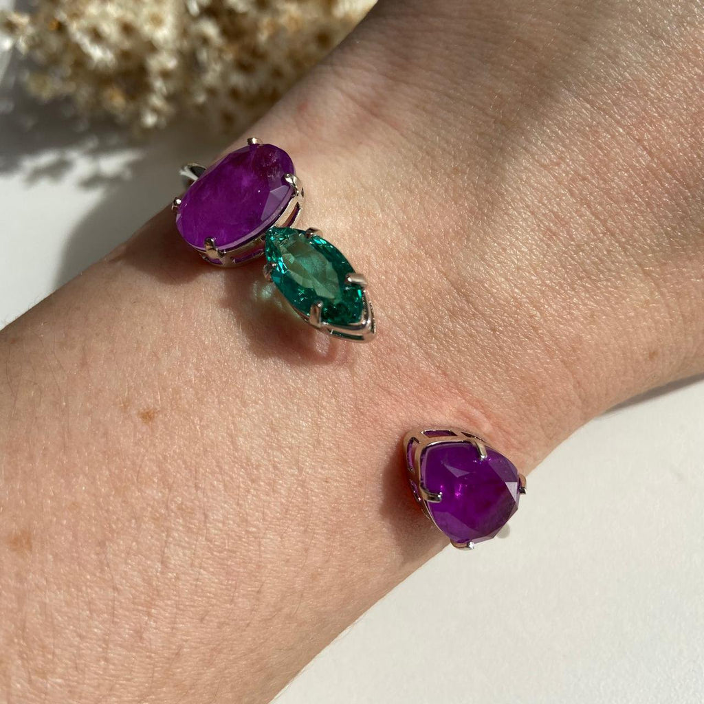 Bracelete 3 Pedras UltraVioleta e Turmalina Ródio Branco