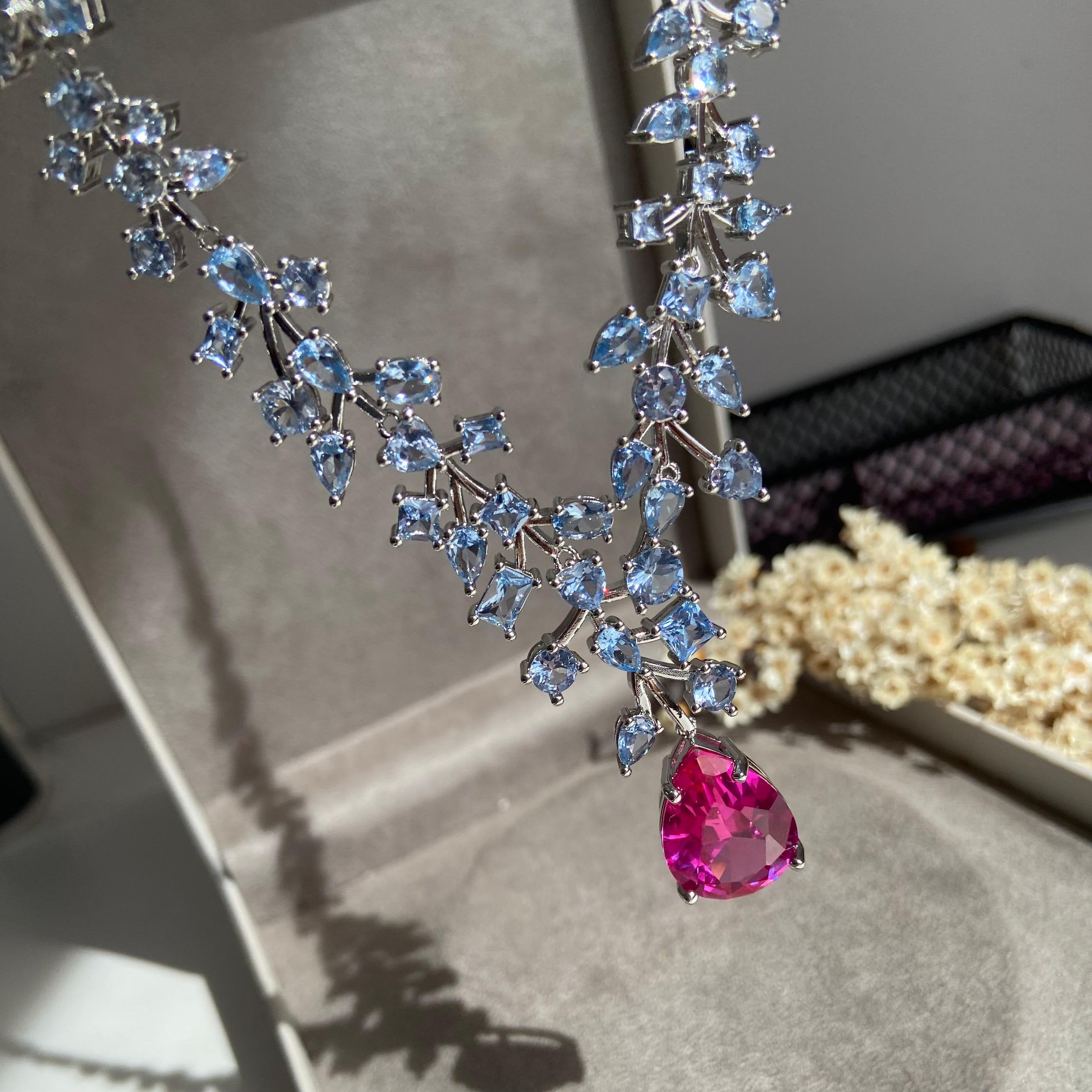 Colar Luxo Gota Safira Rosa com Detalhes Tanzanita