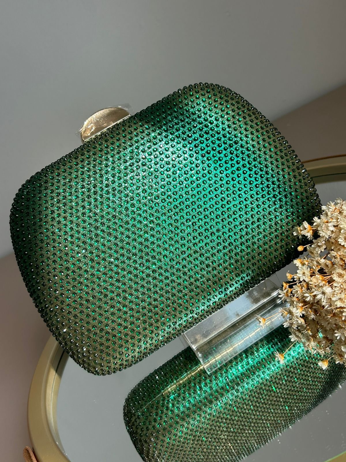 Clutch Cristais Fecho Achatado Verde Esmeralda Dourado
