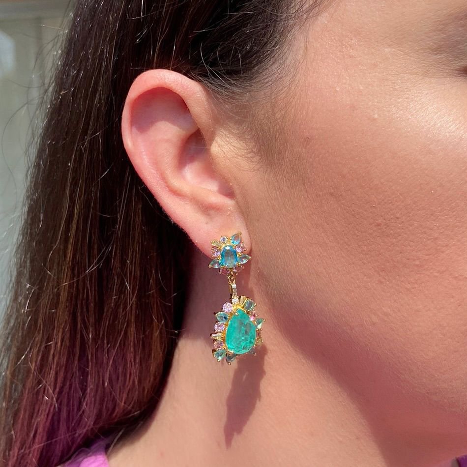 Brinco Turmalina e Zircônias Coloridas Banho Ouro