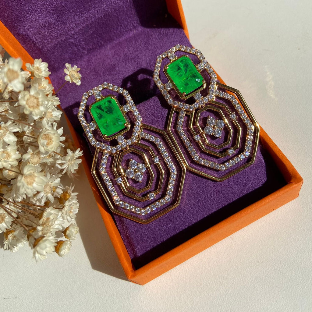 Conjunto Brinco e Anel Square Verde Banho Ouro