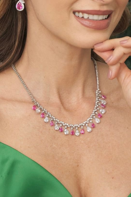 Colar Luxo Riviera com Gotas Safira Rosa/Pink