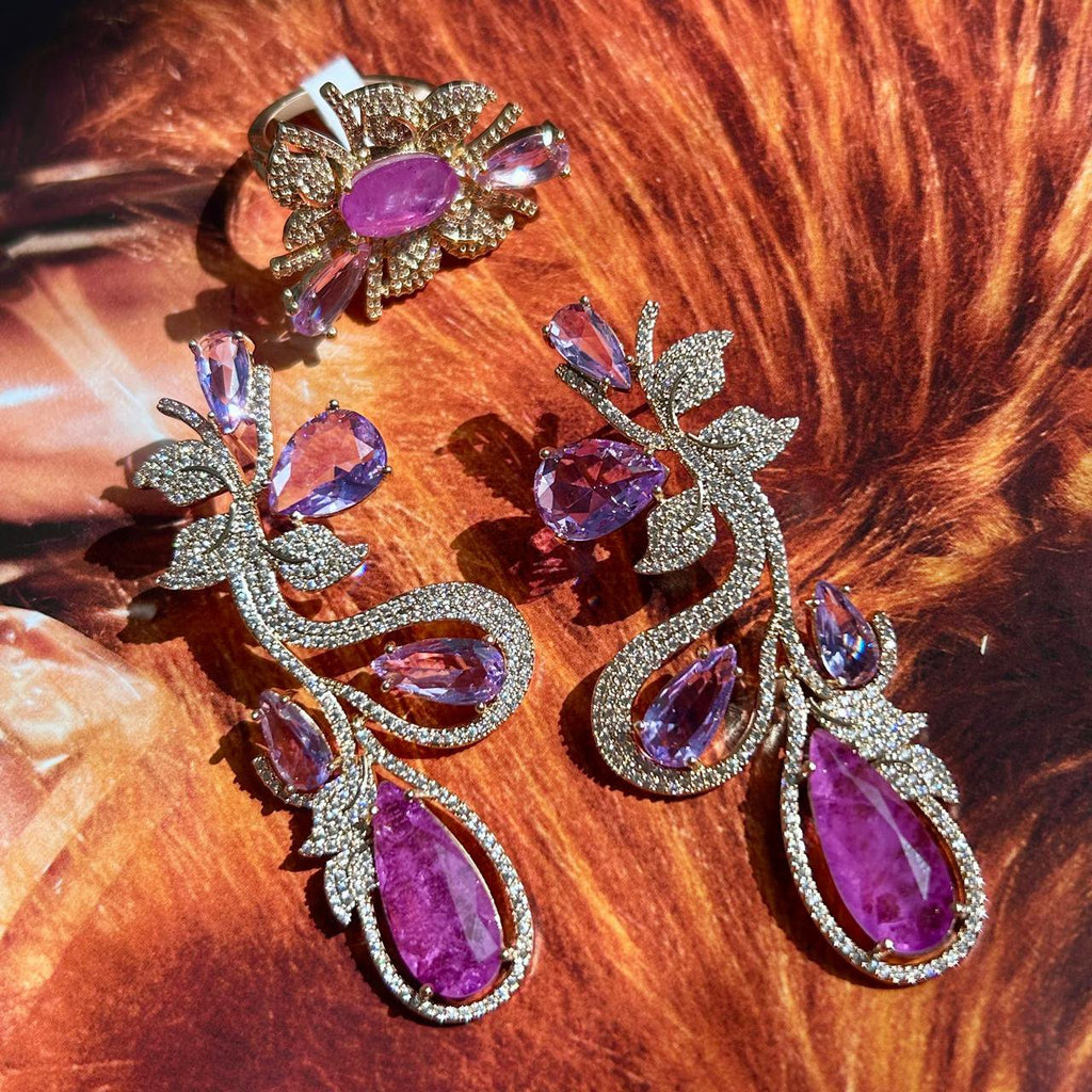 Conjunto Brinco e Anel Luxo Fúcsia e Ametista