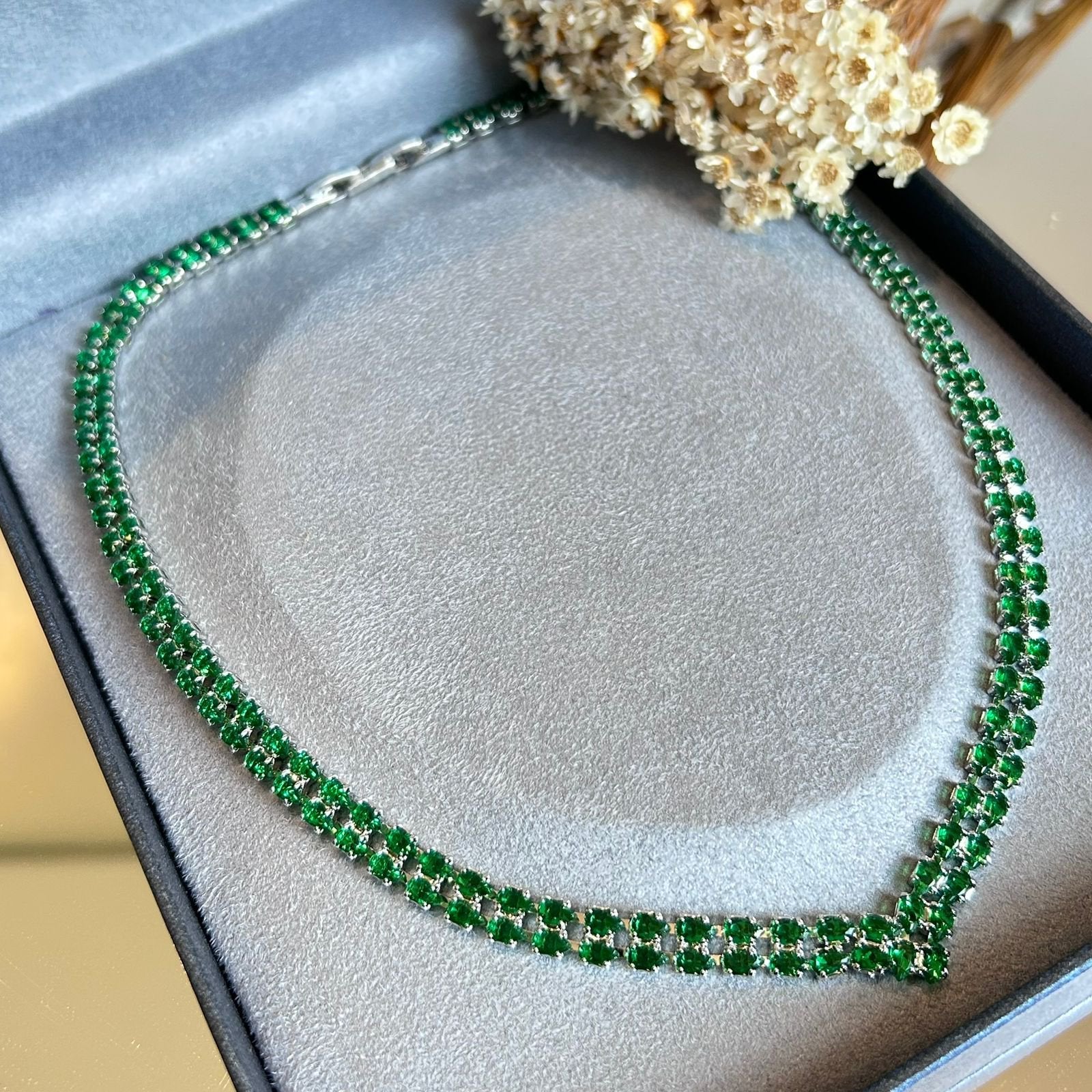 Colar Riviera Dupla Esmeralda Prateada