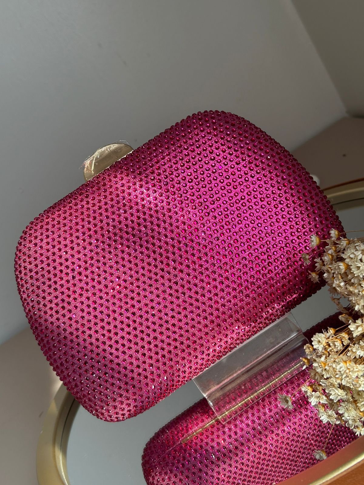 Clutch Cristais Fecho Achatado Pink Dourado