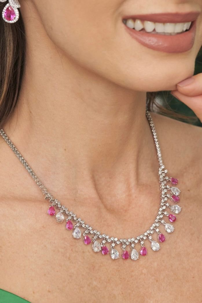 Colar Luxo Riviera com Gotas Safira Rosa/Pink