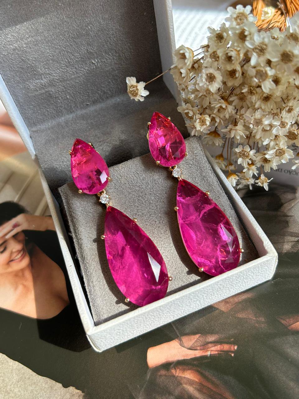 Brinco 2 em 1 Gota Pink Esmeralda Fusion