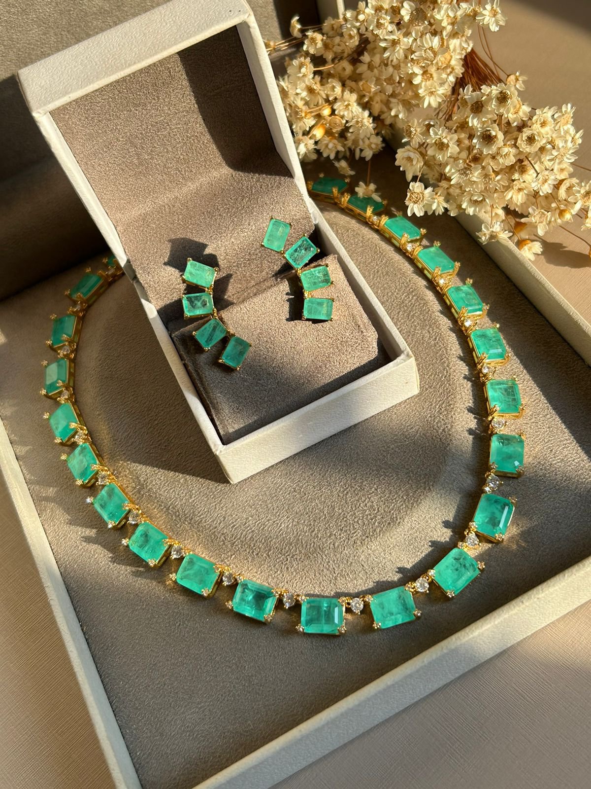Conjunto Brinco e Colar Retangular Turmalina Ouro