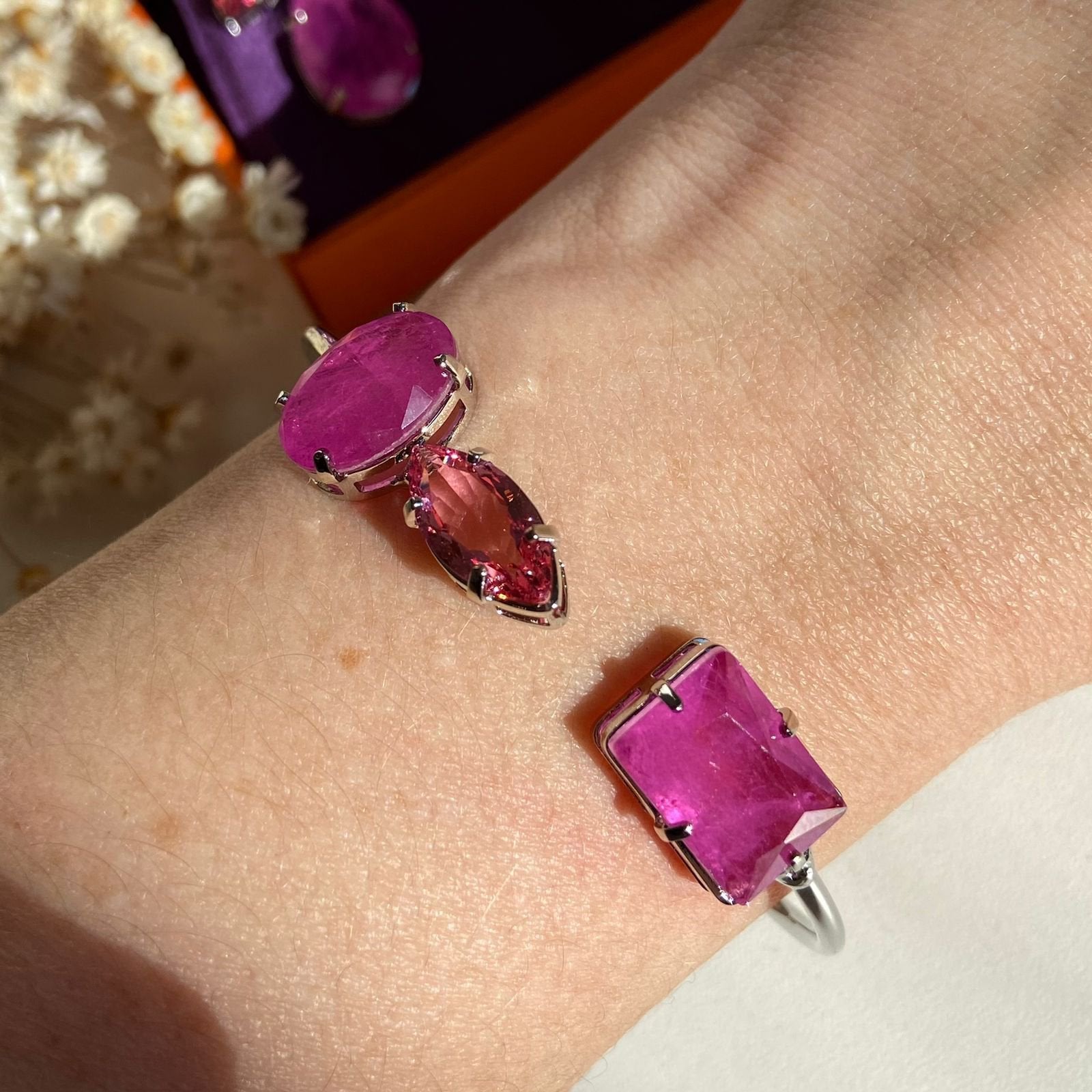 Bracelete 3 Pedras Pink Banho Ródio Branco