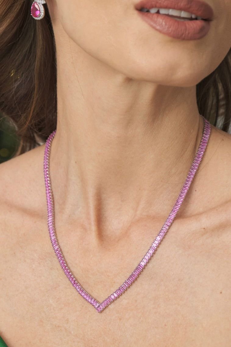 Colar Riviera Baguetes Safira Rosa/Pink