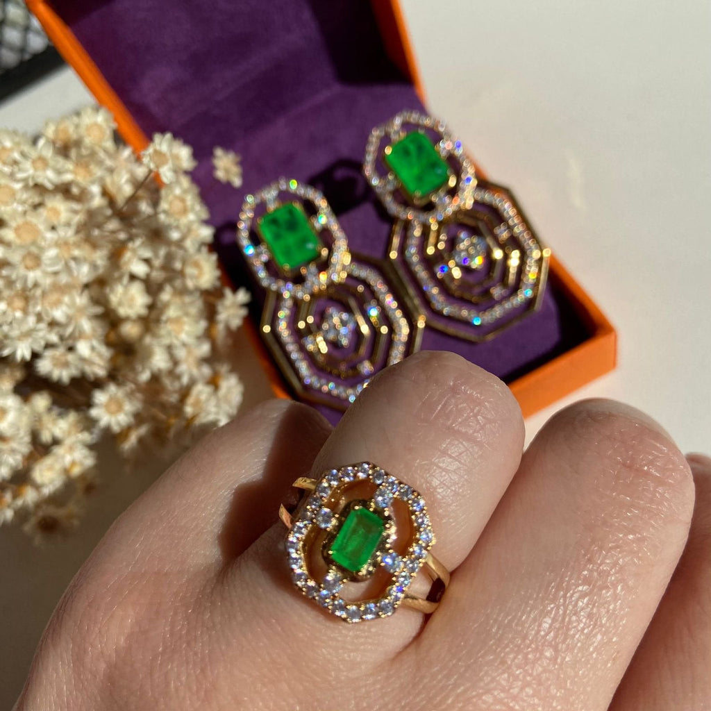 Conjunto Brinco e Anel Square Verde Banho Ouro