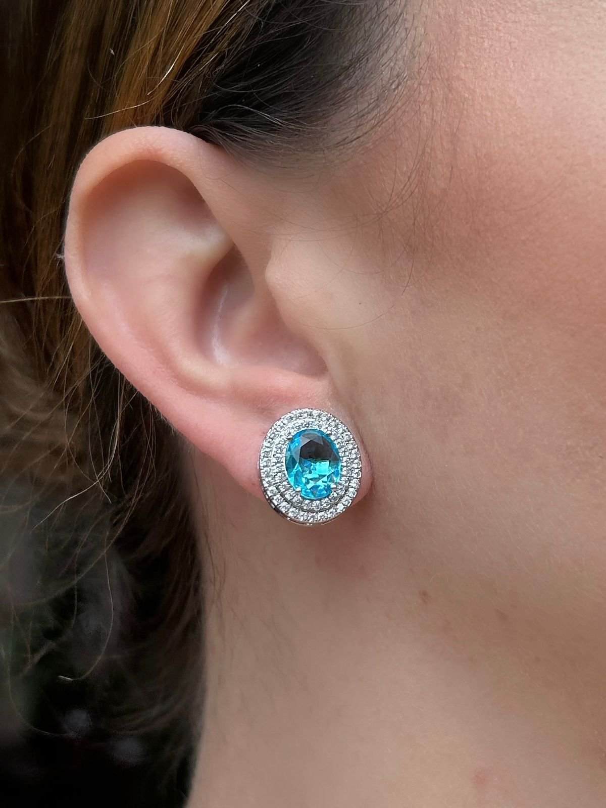 Conjunto Brinco e Colar Oval Água Marinha Prateado