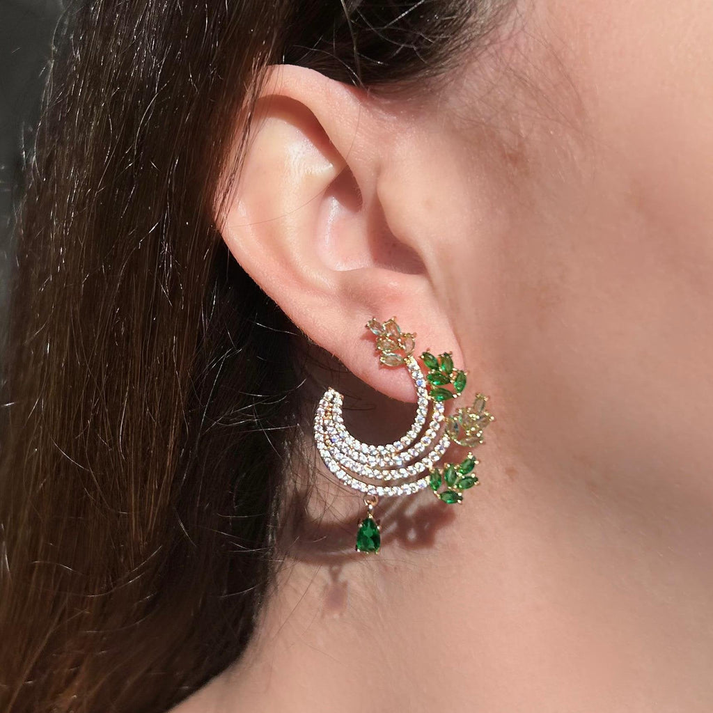 Brinco Argola Frontal Folhas Verde Esmeralda