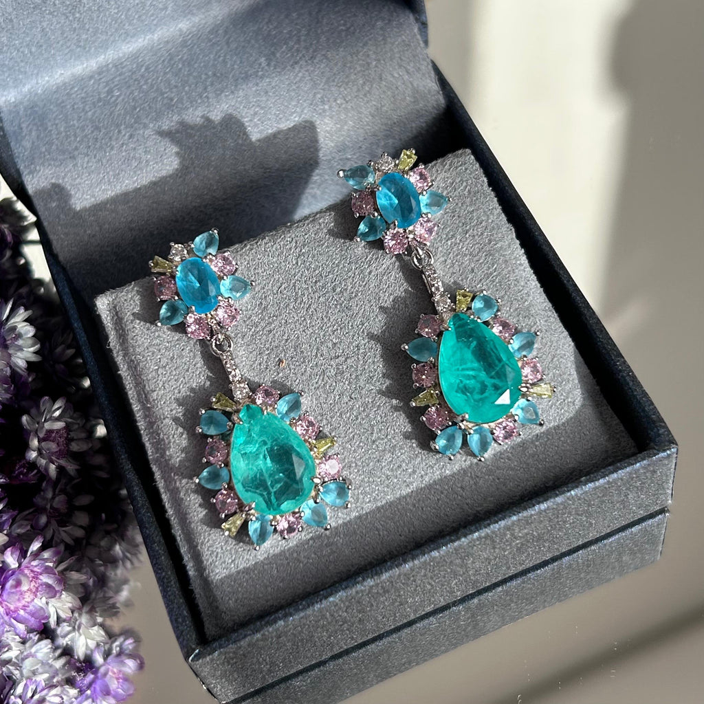 Brinco Turmalina e Zircônias Coloridas Ródio Branco