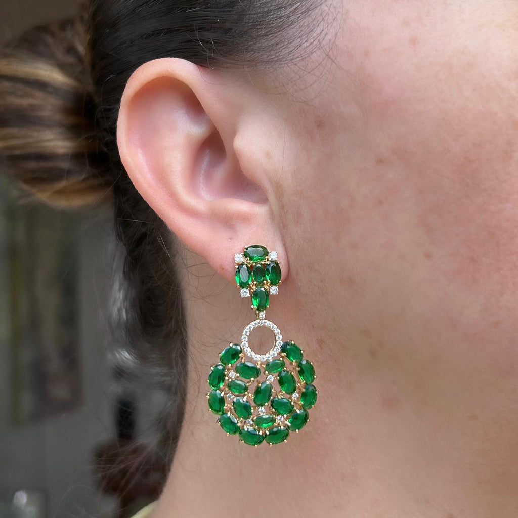 Brinco Luxo Oval Verde Esmeralda Dourado