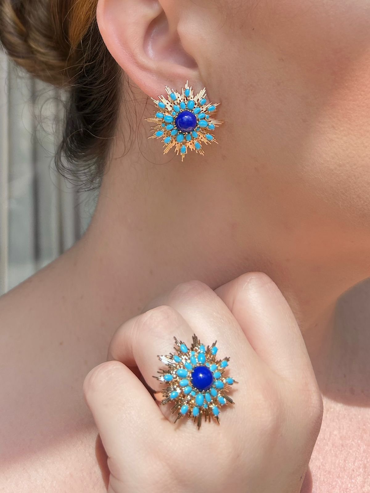 Conjunto Brinco e Anel Raios Azul Turquesa Dourado