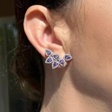 Brinco EarCuff Folhas Ametista Banho de Ródio Branco