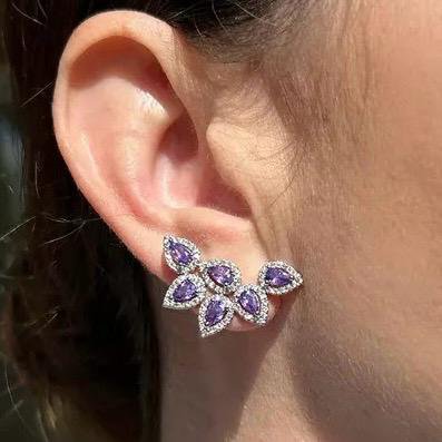 Brinco EarCuff Folhas Ametista Banho de Ródio Branco