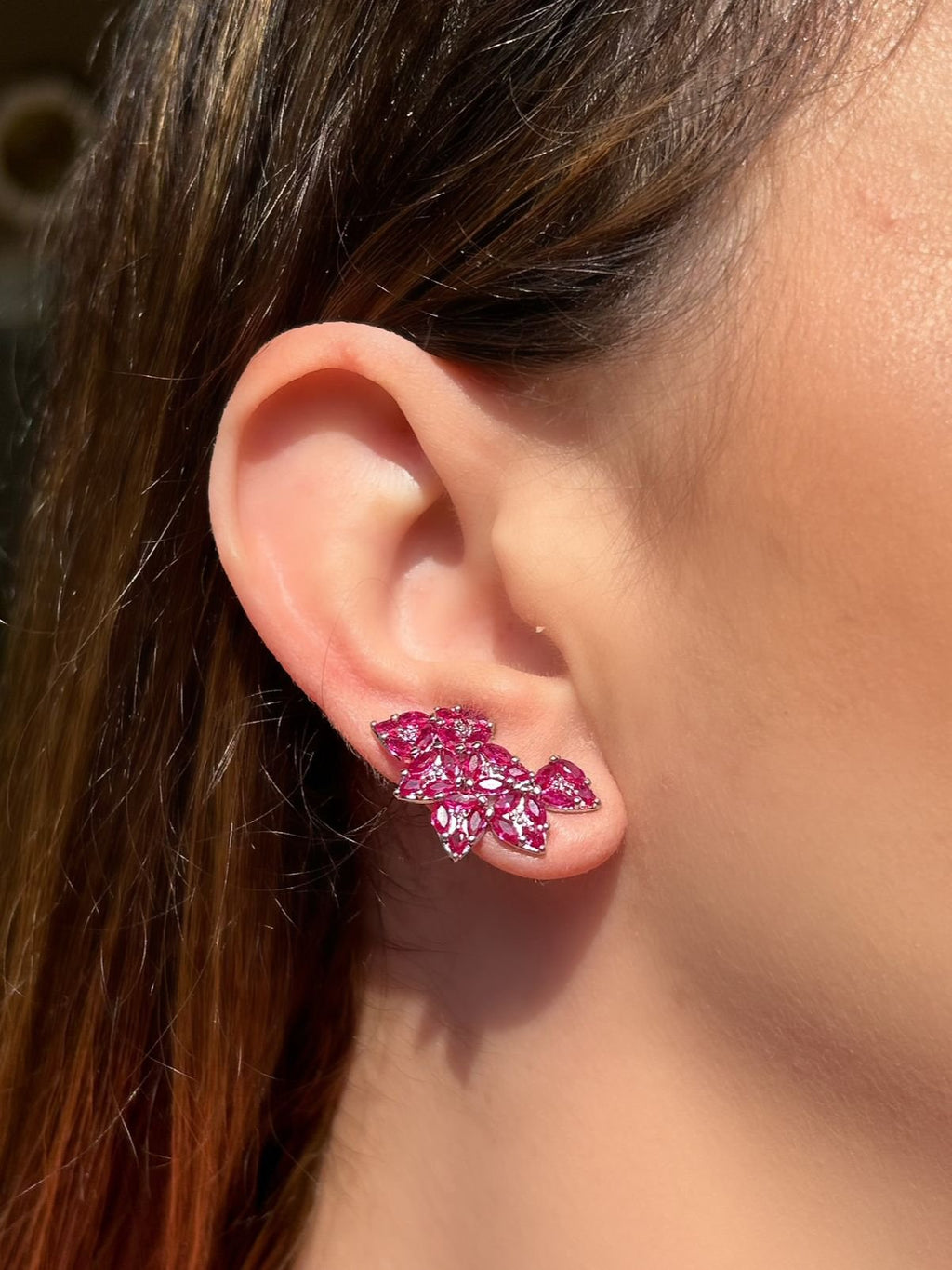 Brinco EarCuff Navetes Safira Rosa/Pink Ródio Branco