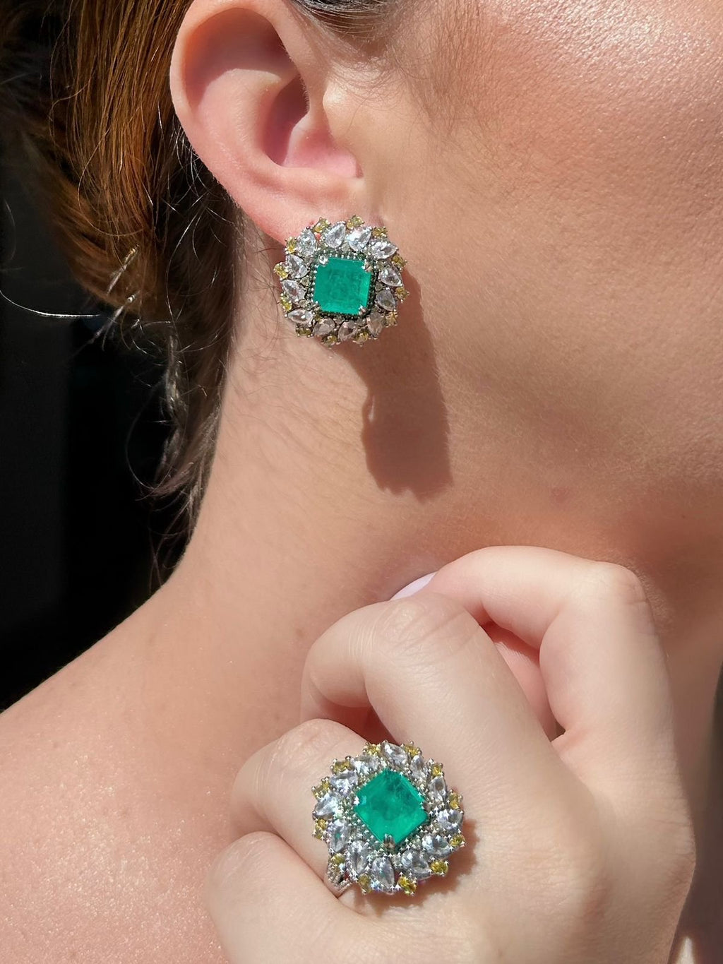 Conjunto Brinco E Anel Turmalina com Detalhes Fancy Yellow