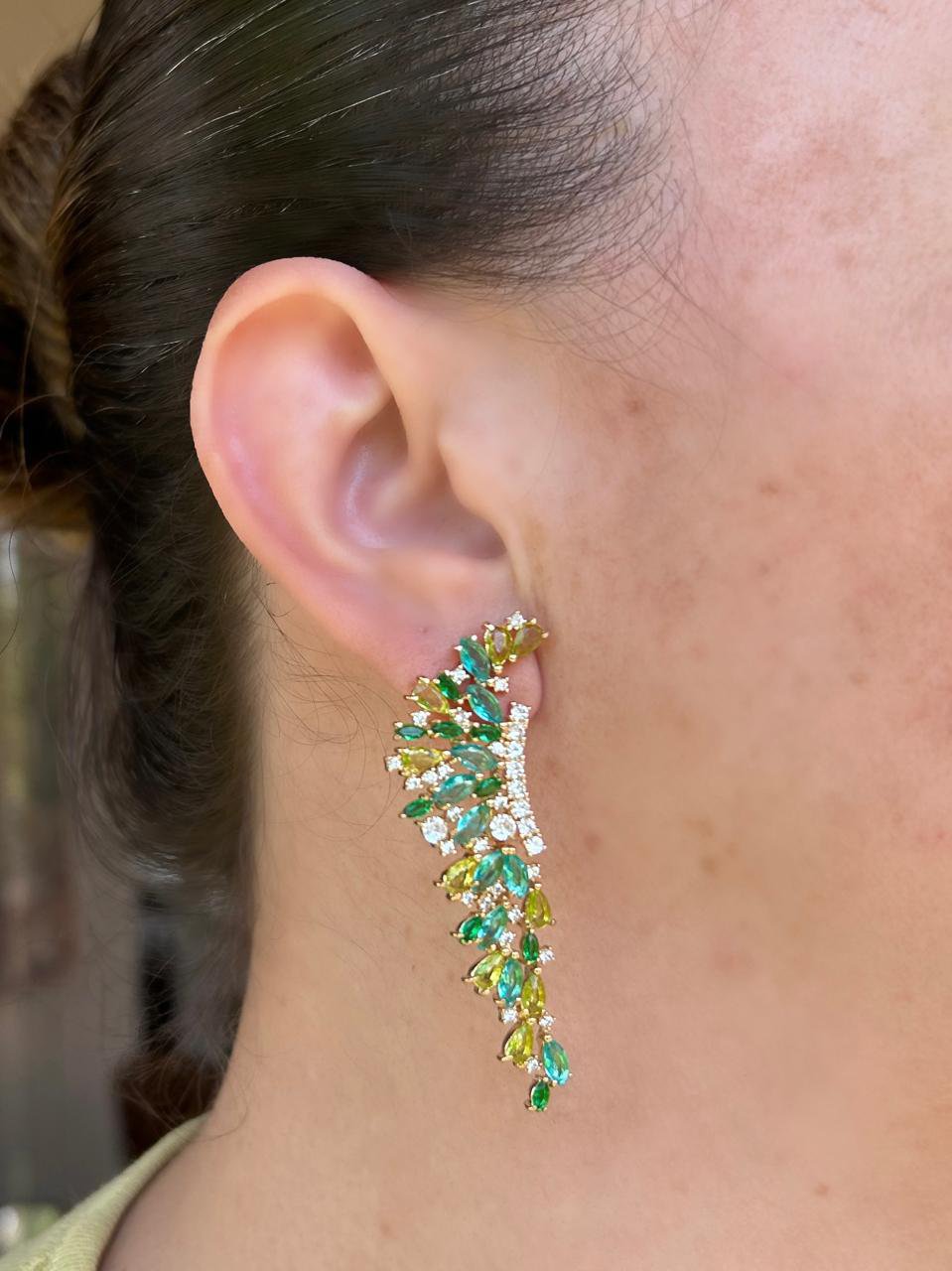 Brinco Luxo Cascata Turmalina, Verde Esmeralda e Verde Peridoto