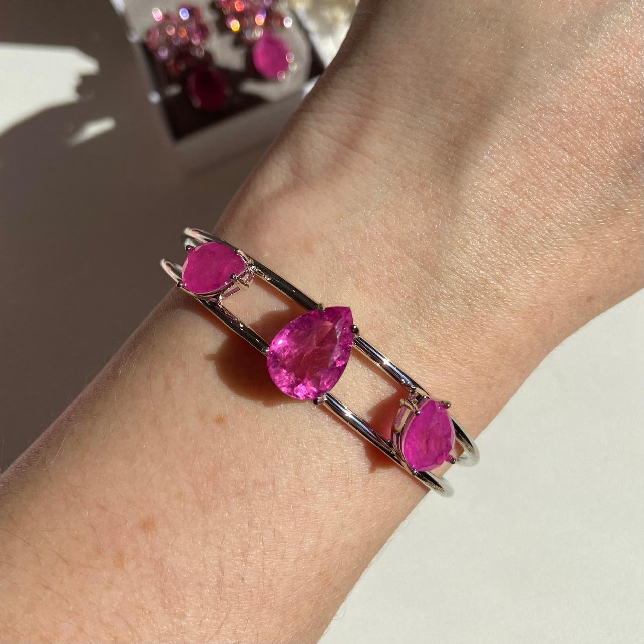 Bracelete 3 Gotas Pink Banho de Ródio Branco