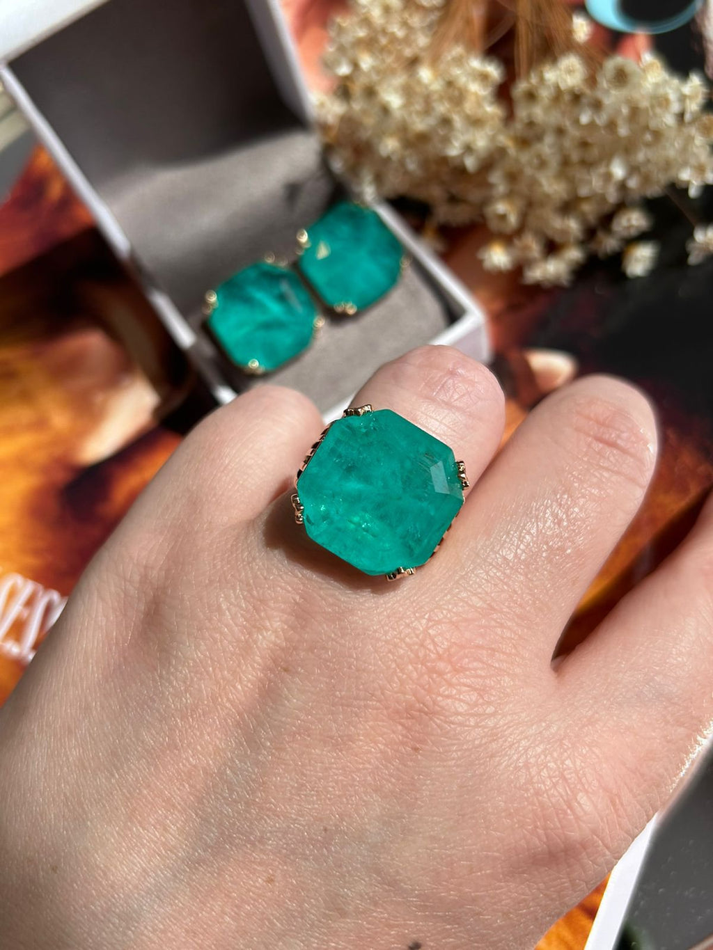 Conjunto Brinco e Anel Quadrado Turmalina